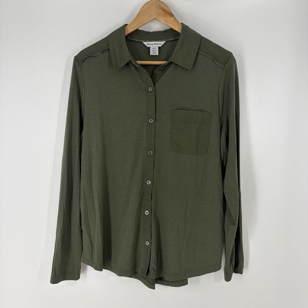Tommy Bahama Shirt Small Womens Olive Long Sleeve Button Up Knit Stretch Casual